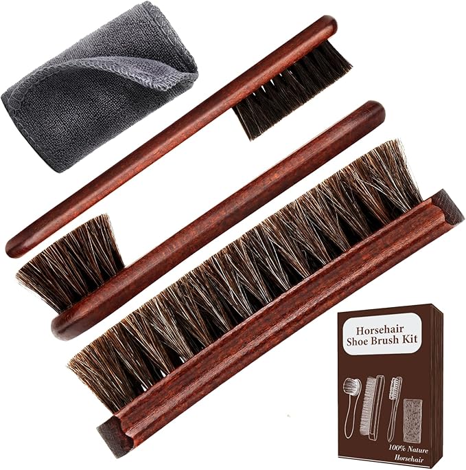 4-Piece 100% Horse Hair Shoe Brush Kit for Leather Care – Professional Dauber Applicators and Polishing Brushes with Cleaning Cloth for Leather Shoes, Boots, Bags, Jackets & Car Detailing