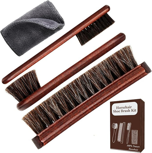 4-Piece 100% Horse Hair Shoe Brush Kit for Leather Care – Professional Dauber Applicators and Polishing Brushes with Cleaning Cloth for Leather Shoes, Boots, Bags, Jackets & Car Detailing