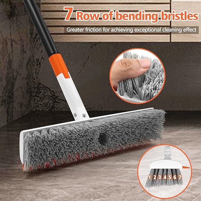 NEWE Floor Scrub Brush with Long Handle, 2 in 1 Stiff Bristles Scrubber Mop with Squeegee for Cleaning Deck Tile Tub Garage Patio Wall Sink Bathroom Kitchen