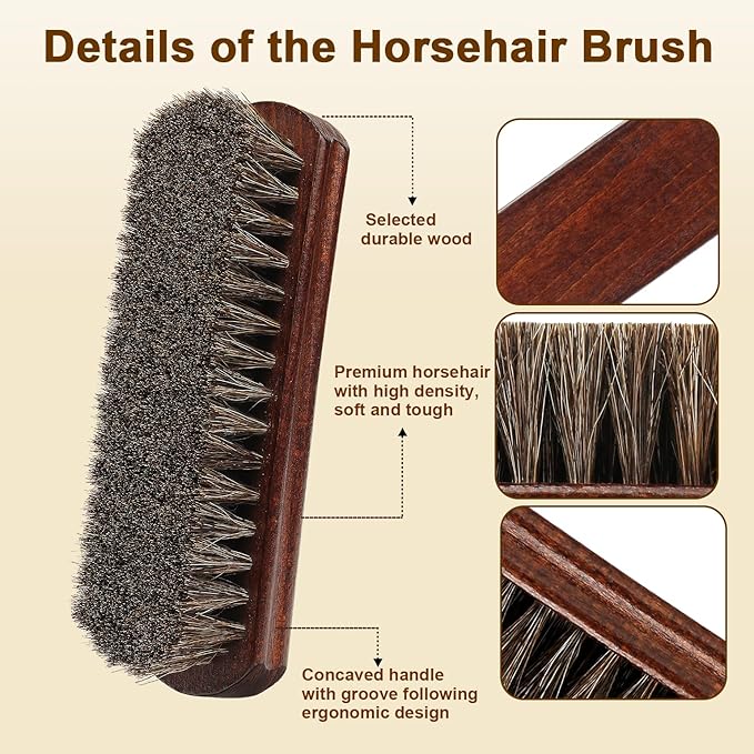 Professional 100% Horsehair Shoe Brush Premium Horsehair Dauber Applicators for Leather Shoes, Boots, Coats & Purses, Curved Handle for Comfortable Grip, Perfect for Leather Shine & Polish (2)