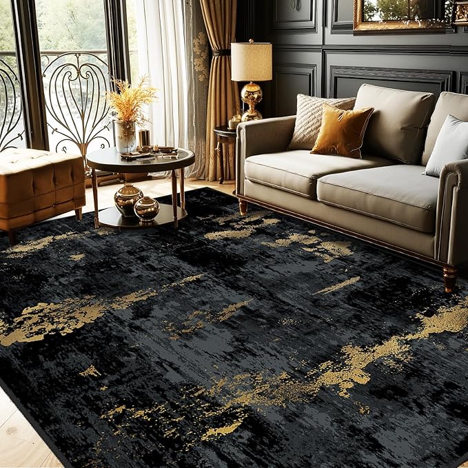 RELEANY Washable Area Rugs 5'x8' Non-Slip Modern Abstract Soft for Living Room Entryway Bedroom Nursery, Print Pattern, Dark Black Gold