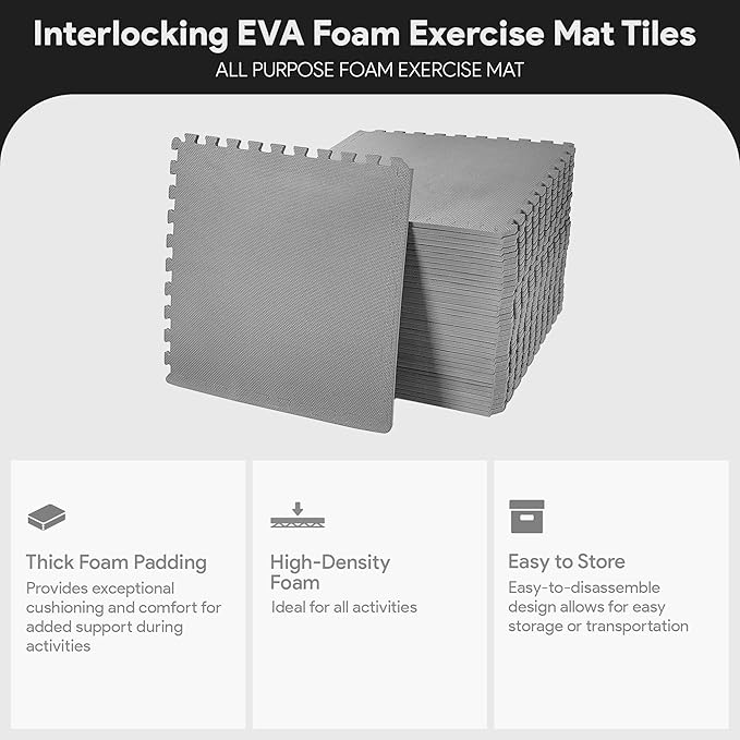 BalanceFrom Puzzle Exercise Mat 1/2' Thick, EVA Interlocking Foam Floor Tiles for Home Gym, Mat for Home Workout Equipment, Floor Padding for Kids, Gray, 24 in x 24 in x 1/2 in, 144 Sq Ft - 36 Tiles