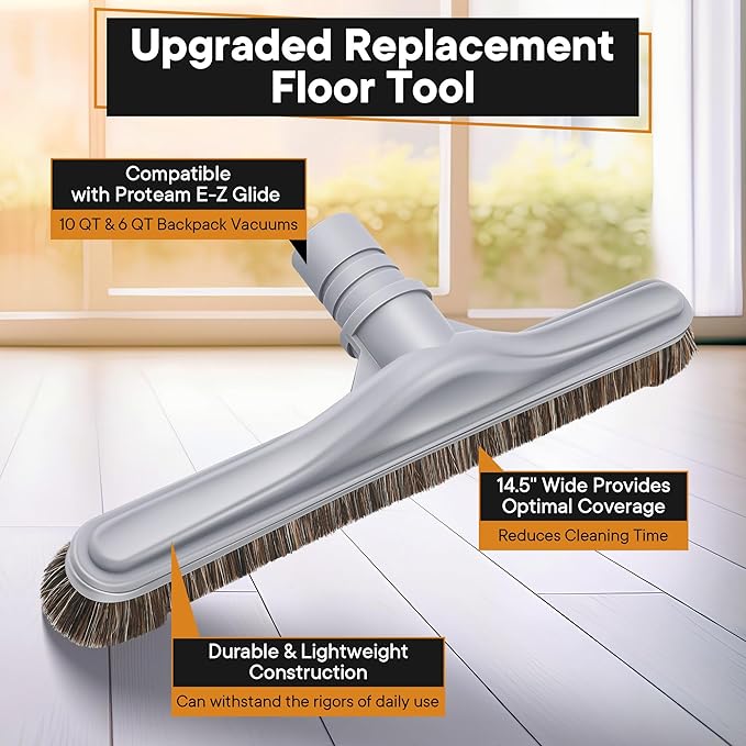Replacement Floor Tool Compatible with Proteam E-Z Glide Backpack Vacuums 10 QT & 6 QT, Upgraded 14" Hard Surface Floor Tool for Commercial Cleaner Cleaning Brush(Horse Hair Brush,Gray)