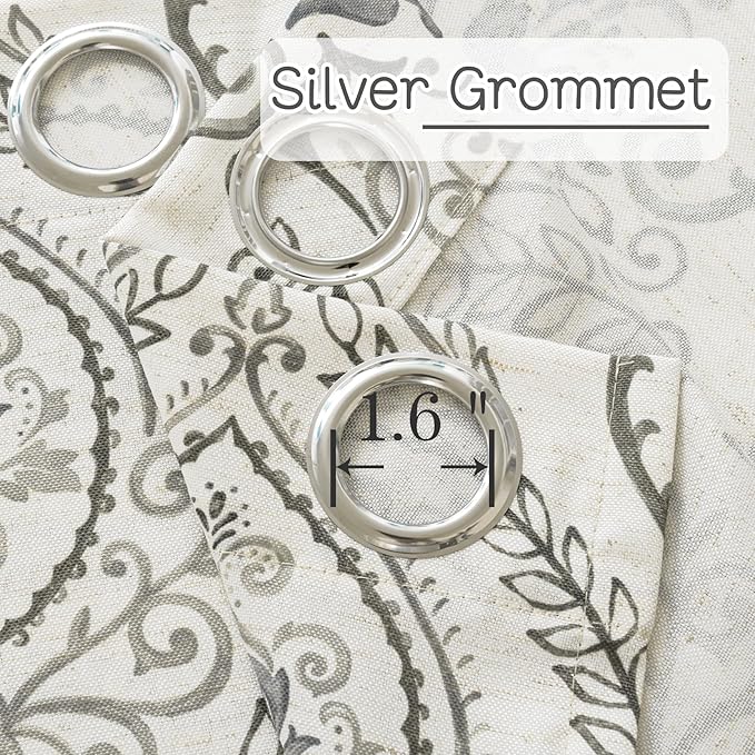 LAMIT Linen Curtains for Living Room 84 Inch Length 2 Panels Set, Vintage Damask Printed Linen Curtains Grommet Light Filtering Window Drapes for Bedroom/Farmhouse, Grey, Each 52 x 84 Inch
