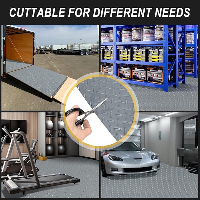 7.5x25 FT Garage Floor Mat, 2.8mm Thickened Flooring Roll Under Car Mat with 20Pcs Tapes, Diamond Plate, Non-Slip Floor Protector Mat for Trailer, Garage, Warehouse, Gyms, Trailer, Gray