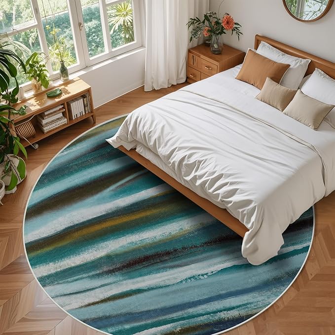 Round 4ft Abstract Rug, Modern Washable Indoor Circle Area Rugs for Living Room, Soft Circular Non-Slip Carpet Floor Mat for Entryway Bathroom Dining Room Home Office - Stripe Teal