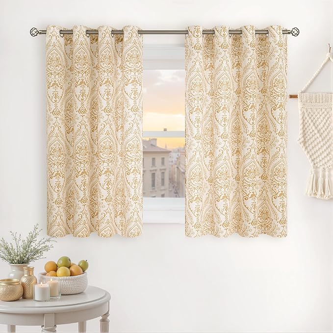 LAMIT Linen Curtains 40 inch Length for Small Windows, Light Filtering Semi Sheer Linen Curtains Grommet Vintage Damask Flower Pattern Drapes for Half Windows/Cafe, 2 Panels, 34 x 40 Inch, Gold