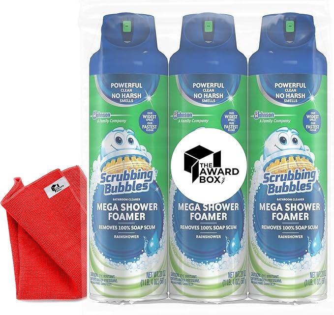 Scrubbing Bubbles Mega Shower Foamer With Ultra Cling Bathroom Cleaner, 20 Ounce, (Pack of 3) Includes Bonus Microfiber cleaning cloth