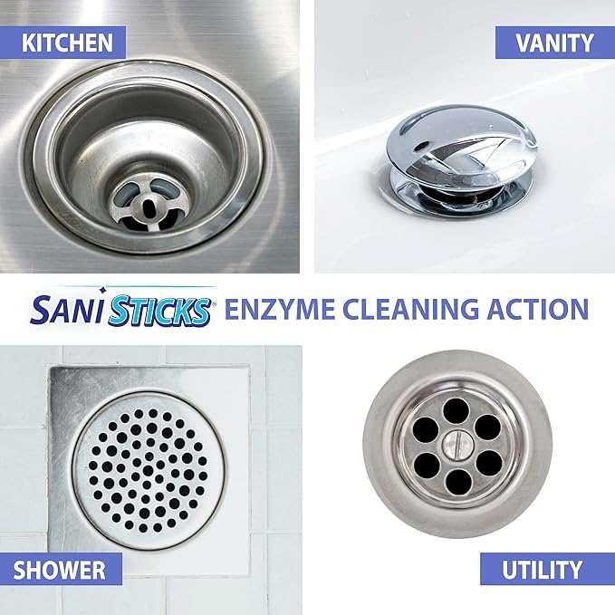 SANI 360° Sani Sticks Drain Cleaner and Deodorizer, 24 Count, Orange Scent Enzyme Pipe Cleaners, Eliminate Odors, Prevent Clogged Drains, Safe for Sinks, Bathtub Drains, Septic Tanks