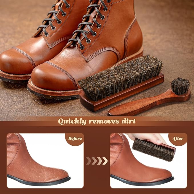 2 Pcs Horsehair Shoe Brush Kit Polishing Daubers Applicators Leather Care Brushes Shine Cleaning Cloth with Case(Shoe Brush Set G)