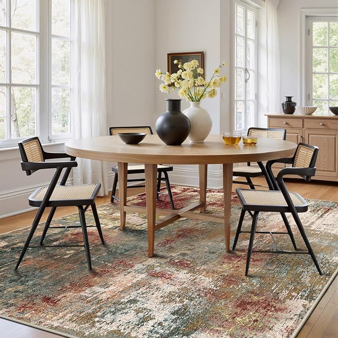 RELEANY Washable Area Rugs 6'x9' Non-Slip Modern Abstract Soft for Living Room Entryway Bedroom Nursery, Print Pattern, Brown Rust Red Green Blue Multi
