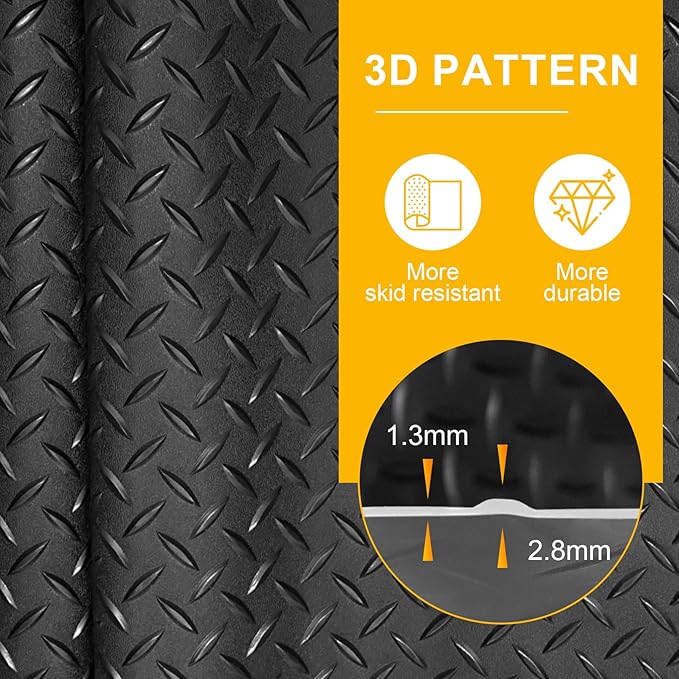 7.5x20 FT Garage Floor Mat, 2.8mm Thickened Flooring Roll Under Car Mat with 20Pcs Tapes, Diamond Plate, Non-Slip Floor Protector Mat for Trailer, Garage, Warehouse, Gyms, Trailer, Matte Black