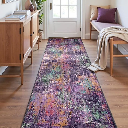 RELEANY Washable Area Rugs 2'x8' Non-Slip Modern Abstract Soft for Living Room Entryway Bedroom Nursery, Print Pattern, Purple Orange Blue Green Rust Red Colorful
