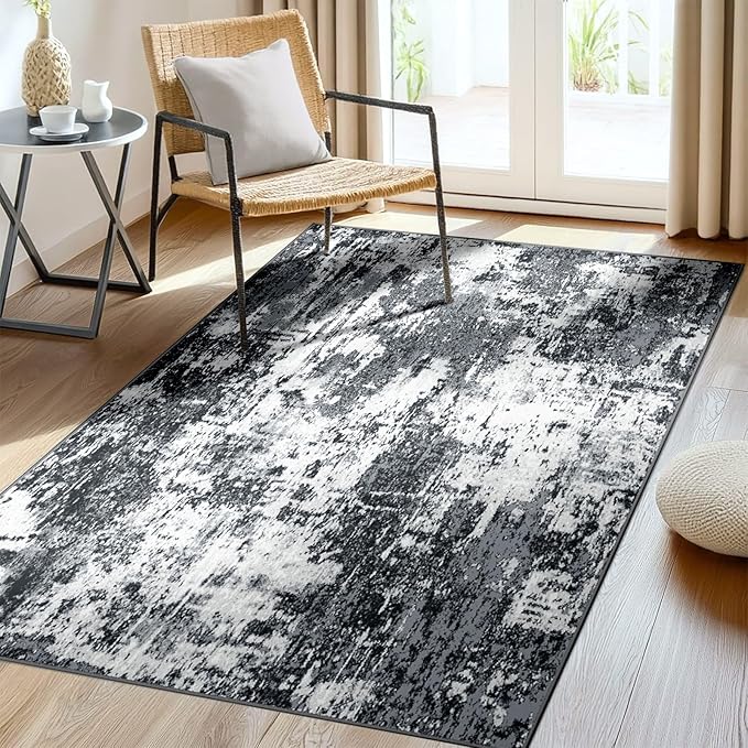 RELEANY Washable Area Rugs 4'x5' Non-Slip Modern Abstract Soft for Living Room Entryway Bedroom Nursery, Print Pattern, Black Navy Blue Gray
