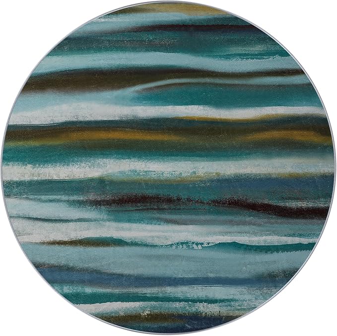 Round 6ft Abstract Rug, Modern Washable Indoor Circle Area Rugs for Living Room, Soft Large Circular Non-Slip Carpet Floor Mat for Bedroom Dining Room Home Office - Stripe Teal