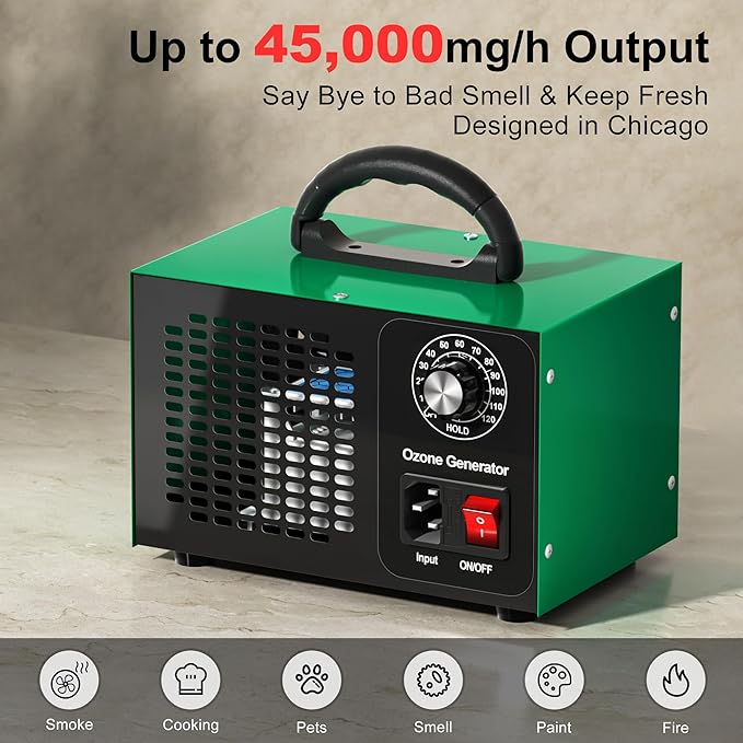 Ozone Generator 45,000mg/h, Industrial O3 Deodorizer for Areas of 2500 Square Feet - High Capacity Ozone Machine Air Ionizer Odor Clean for Car, Home, Pets