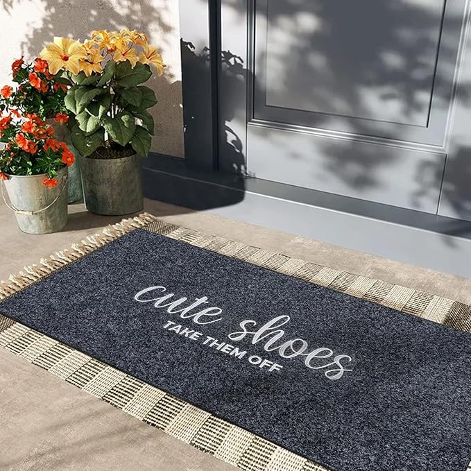 Welcome Mats for Front Door Mats Cute Shoes Take Them Off for Home Entrance with Rubber Backing Mats Heavy Duty Entryway Doormat for Floor Laundry Rooms Mudrooms Garage 47 x 18 Grey