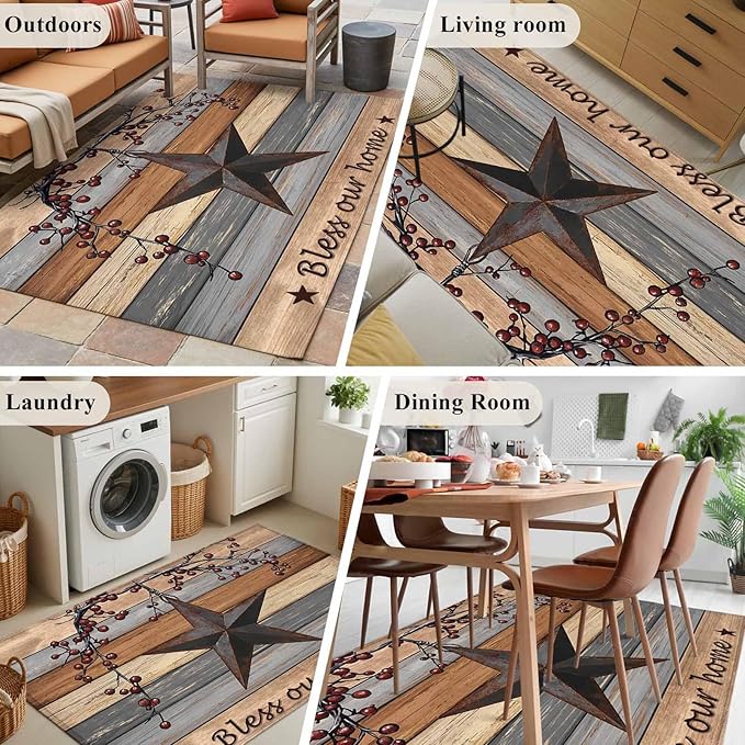 Country Stars Area Rugs 2.7'x5', Vintage Rust Black Star Berry Brown Light Blue Wood Grain Washable Area Rugs Non-Slip Indoor Floor Mats Carpet for Living Room Bedroom Dining Room