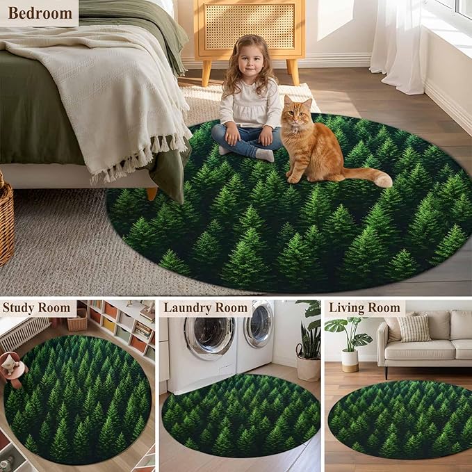 Green Forest Large Round Rug 7Ft, Pine Trees Forest Landscape Style Summer Circle Area Rugs Washable Non Slip Indoor Floor Mats Carpet for Living Room Bedroom Dining Room Home Decor