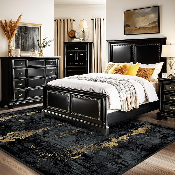 RELEANY Washable Area Rugs 6'x8' Non-Slip Modern Abstract Soft for Living Room Entryway Bedroom Nursery, Print Pattern, Dark Black Gold