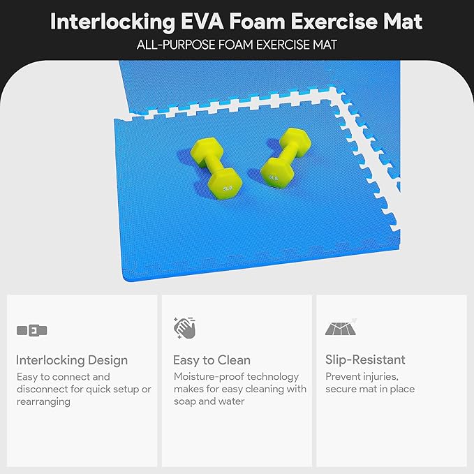 BalanceFrom Puzzle Exercise Mat with EVA Foam Interlocking Tiles for MMA, Exercise, Gymnastics and Home Gym Protective Flooring, 1/2" Thick, 24 Square Feet, Blue