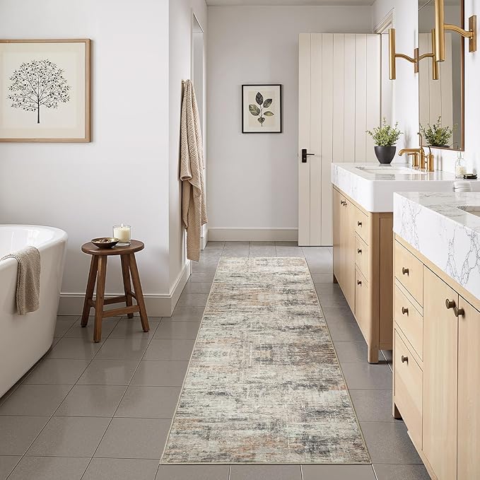 Lofus 2X 8 Area Rug for Hallways, Gold Abstract Washable Runner Rugs with Non Slip Rubber Backing, Low Pile Soft Carpet Runner for Kitchen Bathroom Bedroom Laundry