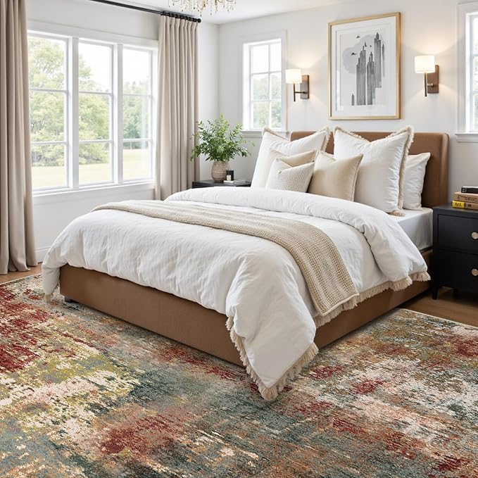 RELEANY Washable Area Rugs 7'x9' Non-Slip Modern Abstract Soft for Living Room Entryway Bedroom Nursery, Print Pattern, Brown Rust Red Green Blue Multi