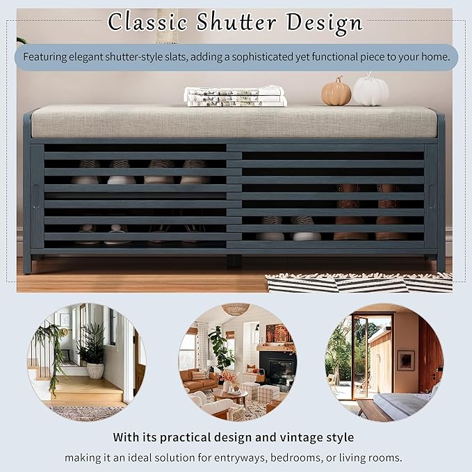 Knocbel Entryway Storage Bench with Sliding Doors and 1 Shelf, Living Room Entrance Hallway Foyer Shoe Bench Bedroom End of Bed Bench, 220lbs Weight Capacity (Navy 2-Door)