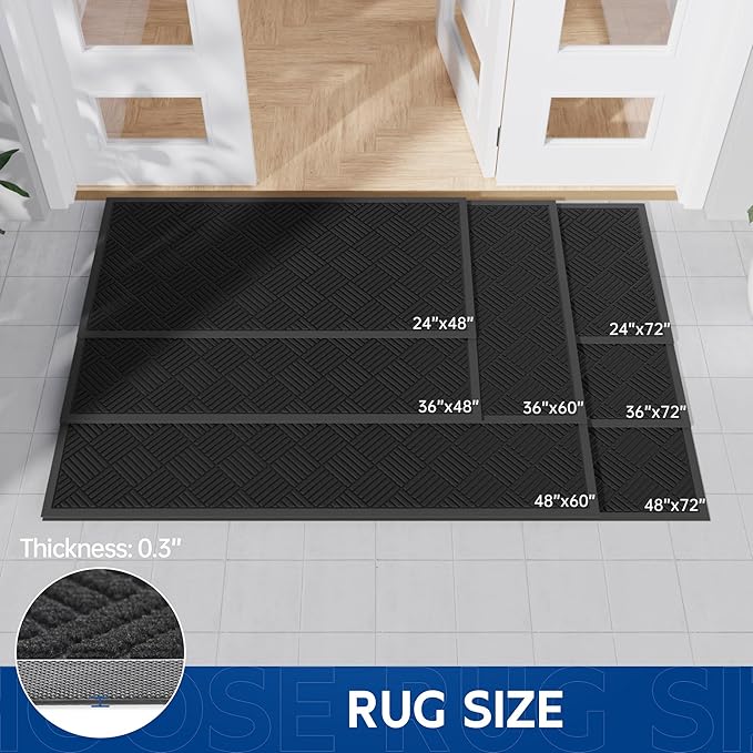 Durable Indoor Outdoor Door Mat, 3' x 4' Heavy Duty Front Door Mat for Entryway, Non-Slip Backing, Stain and Fade Resistant, Absorbent Commercial Floor Mat for High Traffic Area, Black