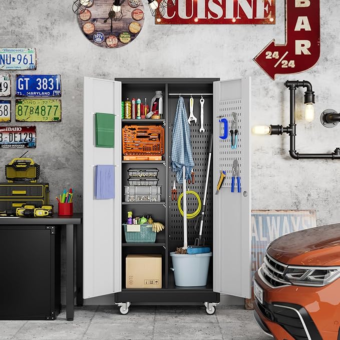 Reemoon 71'H Broom Closet Storage Cabinet with Doors and Pegboard,Metal Garage Storage Cabinet on Wheels and Adjustable Shelves for Garage Home,Required Assembly,Black and White