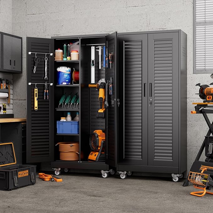 Reemoon Mop and Broom Closet Storage Cabinet with Wheels and Pegboard,Metal Garage Storage Cabinet with Doors and Adjustable Shelves for Garage Home,Required Assembly,Black