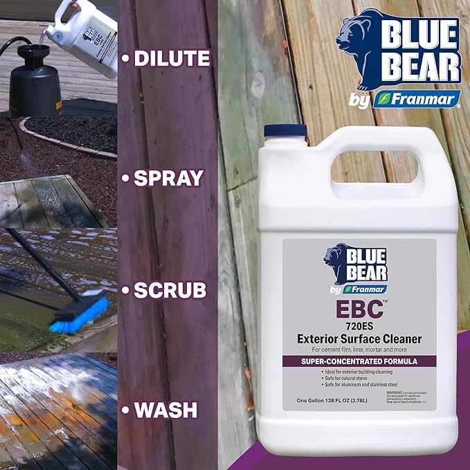 BLUE BEAR 720ES: Exterior Surface Cleaner – Biodegradable Fruit Acid Formula Removes Efflorescence, Cement Film, Moss, Algae & Dirt – Safe for Concrete, Stucco & Stone – 1 Gal