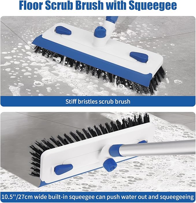 Qaestfy Floor Grout Scrub Brush with Squeegee 3 in 1, 55'' Extendable Long Handle Floor Scrubber Cleaner Brush for Scrubbing Deck, Tile, Garage, Patio, Concrete, Rug, Shower Bathroom