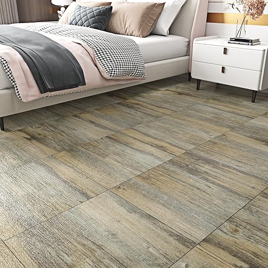 Wallercity Grey/Brown Wood Peel and Stick Vinyl Plank Flooring for Kitchen Faux Wood Grain Floor Tiles Stickers Waterproof 12" x 12" Self Adhesive Wooden Flooring Tiles for Bedroom Living Room 5PCS