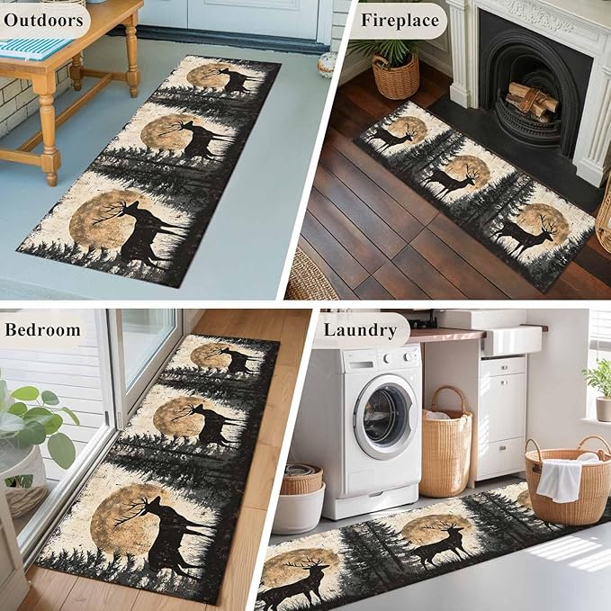 Deer Runner Rug 2'x6', Elk Silhouette Hallway Runner Rugs Washable Non-Slip Bedside Floor Mats Carpet for Kitchen Bedroom Laundry Room Bathroom