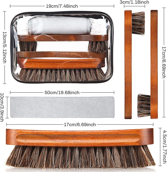 4 Pcs Horsehair Shoe Brush Kit Polishing Daubers Applicators Leather Care Brushes Shine Cleaning Cloth with Bag(Shoe Brush Set E)