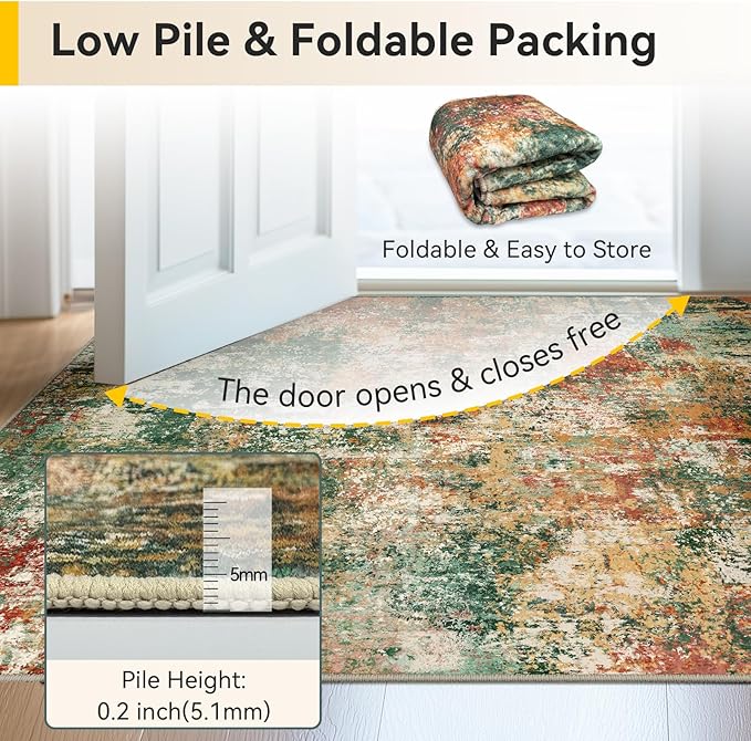 RELEANY Washable Area Rugs 7'x9' Non-Slip Modern Abstract Soft for Living Room Entryway Bedroom Nursery, Print Pattern, Green Orange Rust Red Cream Colorful