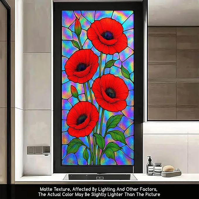 Red Poppy Window Film Iridescent Stained Glass Privacy Panel Static Cling No Glue Decorative Cover for Kitchen Studio Door Partition 17.7x39.3 inch