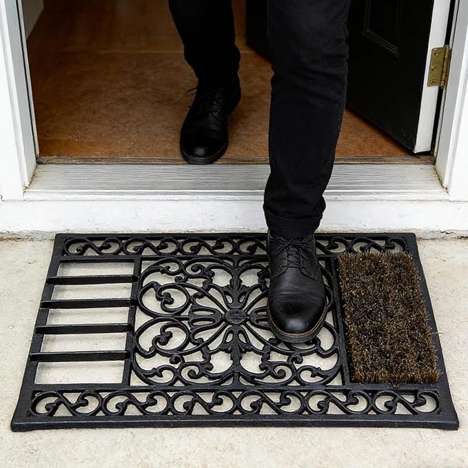 Vintage Cast Iron Door Mat with Rust Brown Shoe Brush - Decorative Floral Pattern Entryway Rug for Outdoor Shoe Cleaning HC5447