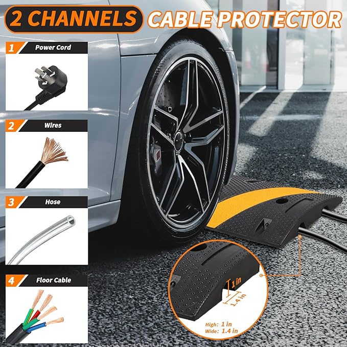 GarveeTech Heavy Duty Speed Bumps for Driveway, 84 in Rubber Speed Bumps, 2 Channel Modular Traffic Speed Bump Hump Cable Protector Ramps for Asphalt Concrete Gravel Driveway Road with 2 End Caps