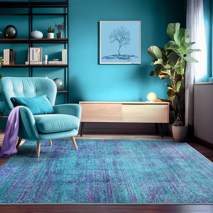 Abstract 3x5 Area Rug, Modern Indoor Entryway Rugs, Washable Soft Non-Slip Accent Carpet Door Mat for Dining Room Kitchen Bedroom - Teal+Purple