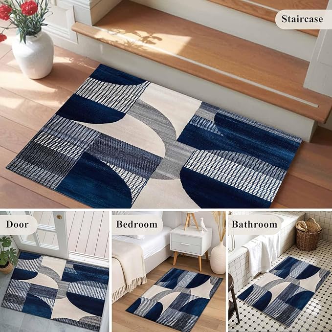 Modernism Entryway Rug 2'x3', Blue White Geometric Abstract Design Small Area Rug Non-Slip Front Door Mat Washable Floor Carpet for Indoor Entrance Kitchen Bathroom