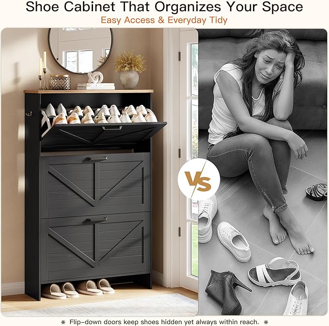 Shaker Barn Door Shoe Cabinet - 3 Flip Drawers & 3-Tier Adjustable Shelves, Ultra Slim Freestanding, Modern Rustic Brushed Black Farmhouse Shoe Rack for Entryway, Hallway, Foyer & Mudroom Black