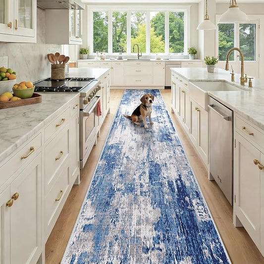 RELEANY Washable Area Rugs 2'6'' x14 Non-Slip Modern Abstract Soft for Living Room Entryway Bedroom Nursery, Print Pattern, Blue Grey Navy Gray
