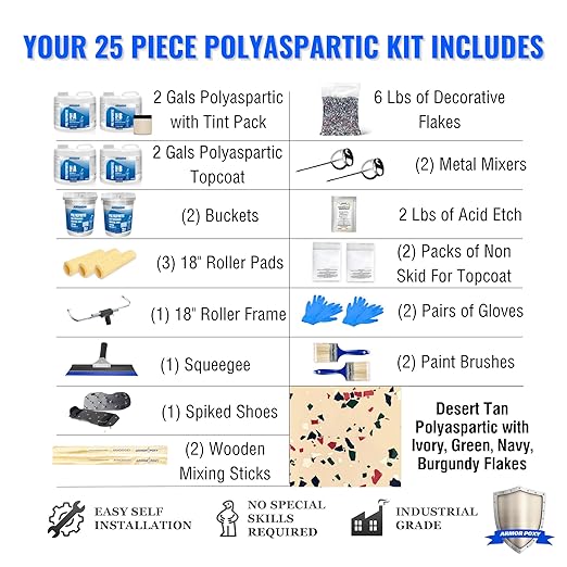 ArmorPoxy Polyaspartic Garage Floor Kit, 25Pc Fast Cure Epoxy Alternative, UV & Chemical Resistant, Low VOC, 2 Layer 1-Day Concrete Coating for DIY Garage, Driveway, Patio | 500 SQ Ft | Desert Tan