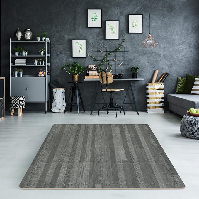 Sorbus Wood Floor Mats Foam Interlocking Mats Each Tile 1 Square Foot 3/8-Inch Thick Puzzle Wood Tiles with Borders – for Home Office Playroom Basement (16 Tiles 16 Sq ft, Wood Grain - Gray)