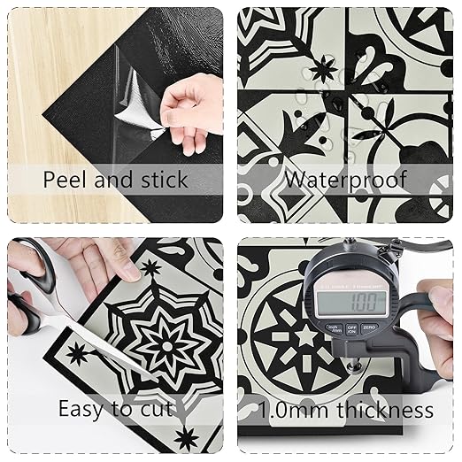 Wallercity Black Floral Peel and Stick Floor Tile for Bathroom Kitchen Vintage Boho Waterproof Floor Stickers Self Adhesive Removable Vinyl Flooring Tiles for Rooms Retro Floral Flooring Sheets 18PCS