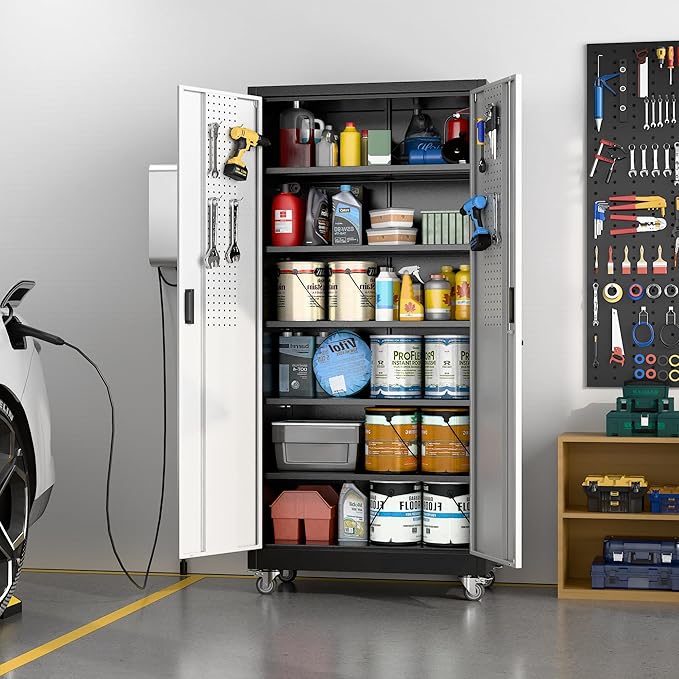 Reemoon Garage Storage Cabinet with Wheels, Lockable Metal Storage Cabinet with 5 Adjustable Shelves for Garage Warehouse Office Utility Room,Required Assembly,Black and Silver，71" H×32" W×16" D