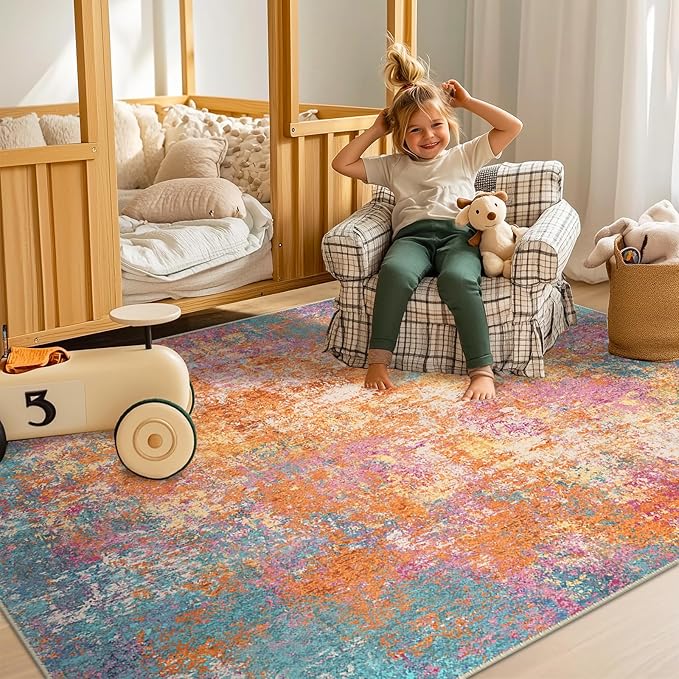 RELEANY Washable Area Rugs 5'x7' Non-Slip Modern Abstract Soft for Living Room Entryway Bedroom Nursery, Print Pattern, Orange Blue Pink Yellow Colorful