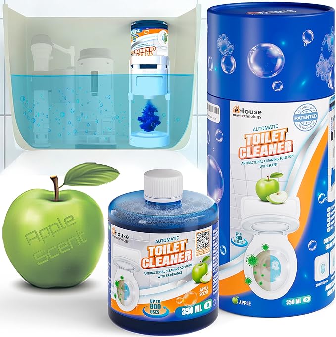 eHouse Automatic Toilet Cleaner with Refill — Flush-Activated Toilet Bowl Cleaner, Household Cleaning Solution - Toilet Cleaners for Hard Water, Removes Rust & Limescale, Fresh Apple Scent.